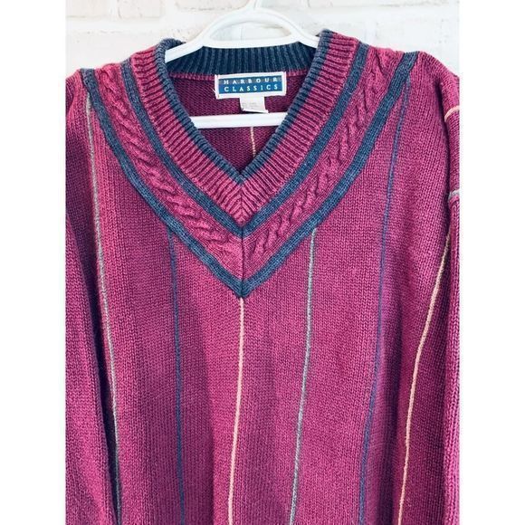 Harbour Classics Mens Vintage 80's V-Neck Cranberry‎ Navy Sweater Large - Picture 2 of 5